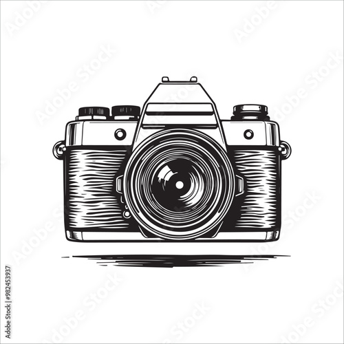 Camera black and white engraving style vector illustration.