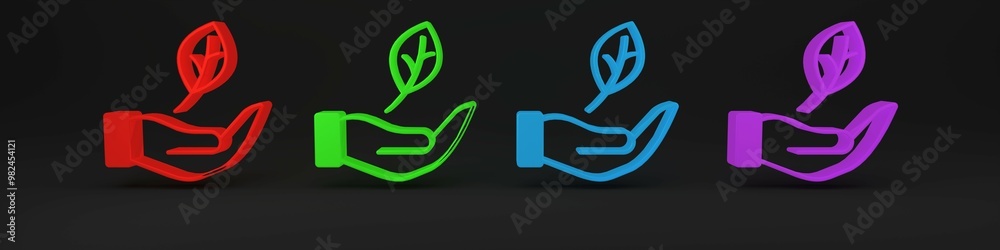 Colorful Hand hold a leaf of the plant icon isolated on black background. Care nature. Leaf shoots with environmental protection. Minimalism concept. 3D render illustration Colorful Hand hold a leaf of the plant icon isolated on black background. Care nature. Leaf shoots with environmental protection. Minimalism concept. 3D render illustration