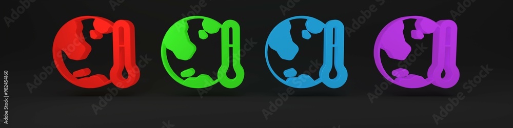 Colorful Planet earth melting to global warming icon isolated on black background. Ecological problems and solutions - thermometer. Minimalism concept. 3D render illustration Colorful Planet earth melting to global warming icon isolated on black background. Ecological problems and solutions - thermometer. Minimalism concept. 3D render illustration