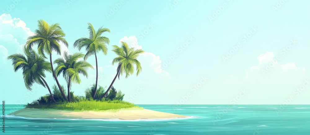 Fototapeta premium Isolated tropical island banner Concept of summer getaway in exotic destinations Illustration depicting relaxation by the seaside with palm trees on a small green island
