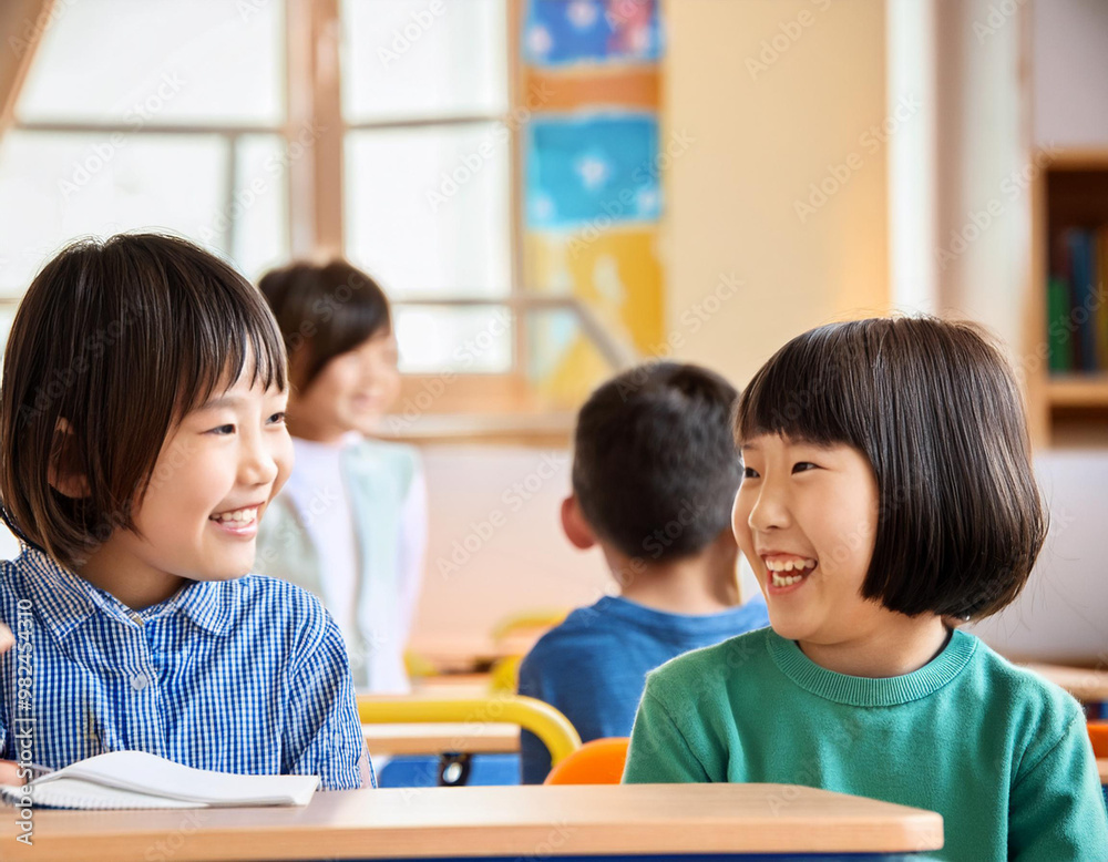 笑顔で会話する子供 笑顔で会話する子供