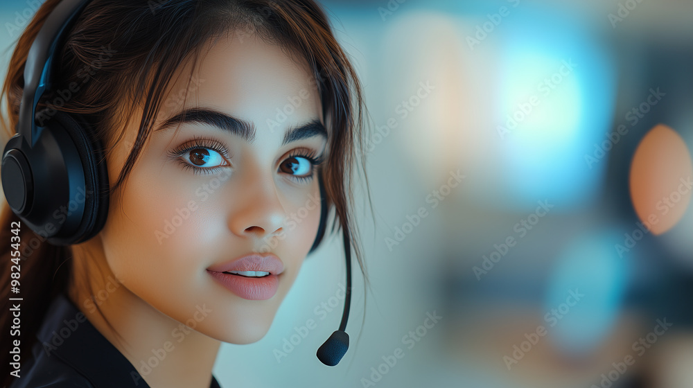 a female Hispanic Call center agent isolated on a light grey background with room for copy, business, communications, technology, customer service a female Hispanic Call center agent isolated on a light grey background with room for copy, business, communications, technology, customer service