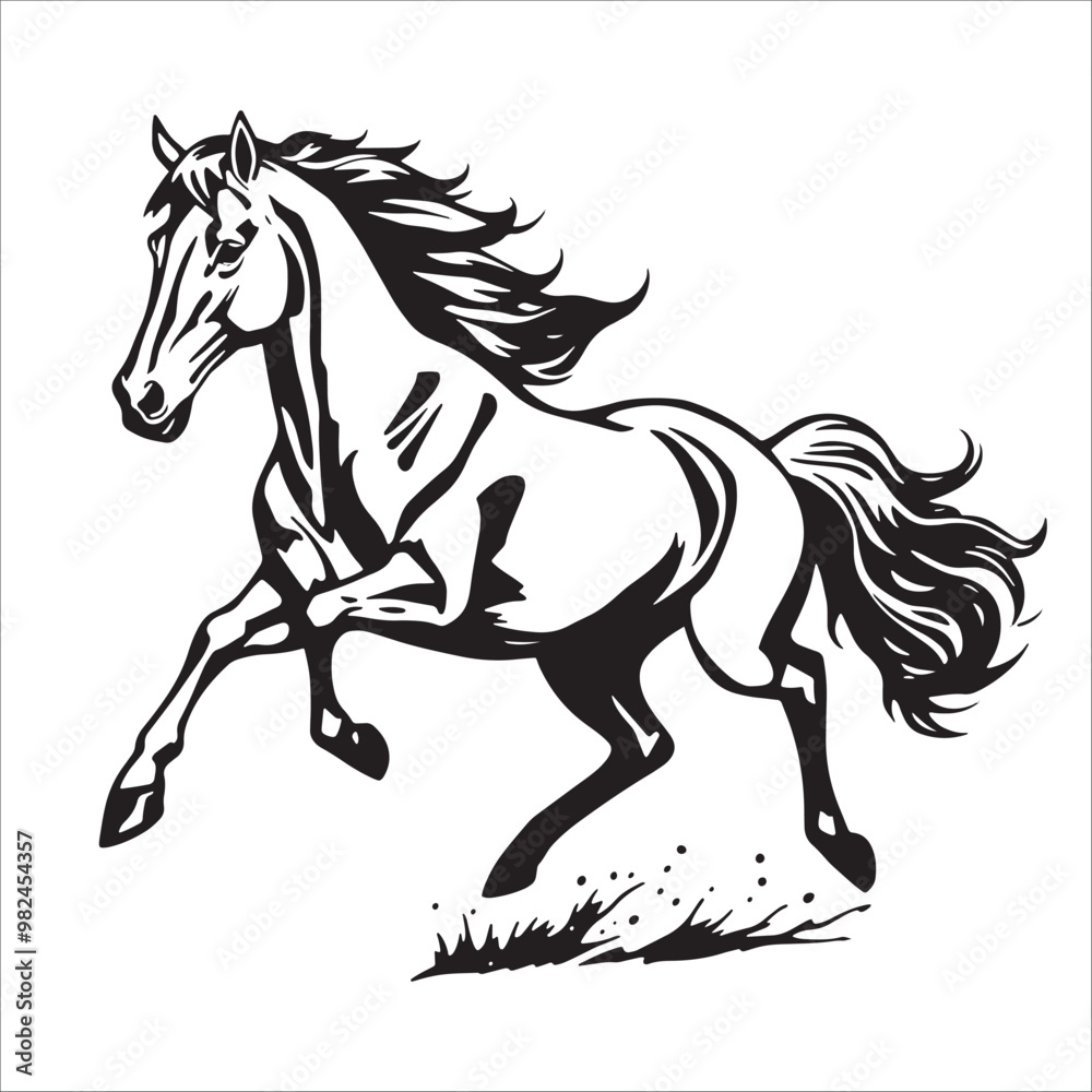 Obraz premium Horse running on the grass, black and white vector illustration.