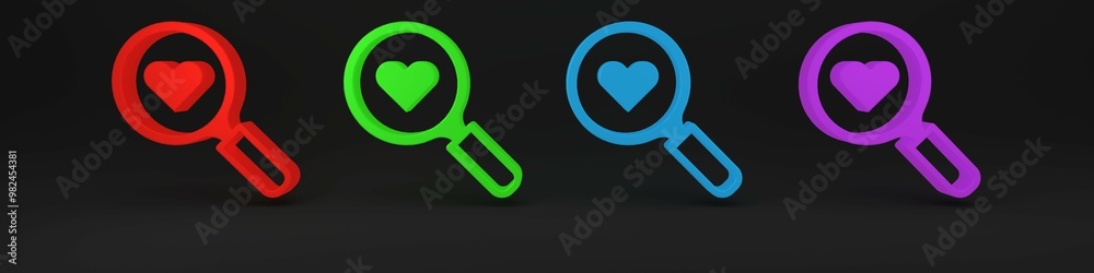 Colorful Search heart and love icon isolated on black background. Magnifying glass with heart inside. Happy Valentines day. Minimalism concept. 3D render illustration Colorful Search heart and love icon isolated on black background. Magnifying glass with heart inside. Happy Valentines day. Minimalism concept. 3D render illustration