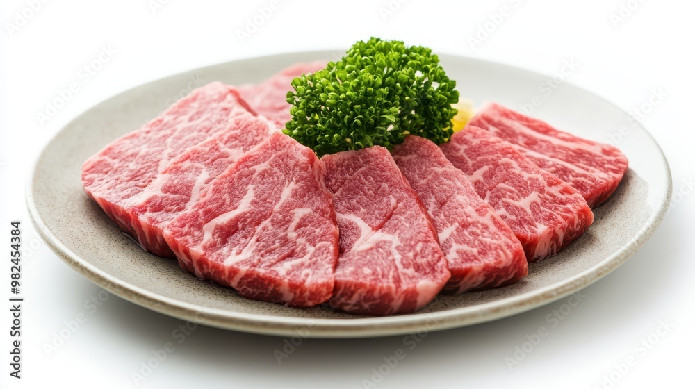 Raw wagyu beef slices, premium quality, showcased on a white background. Raw wagyu beef slices, premium quality, showcased on a white background.