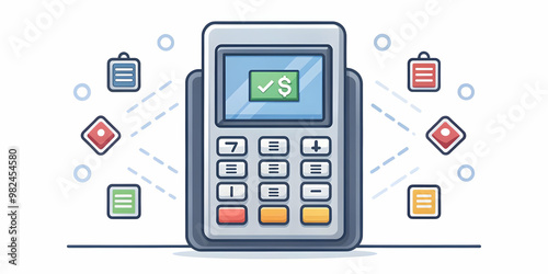 Flat Levitating Payment Terminal with Sale Icons - E-Commerce & Fintech Focus on Secure Transactions and Promotional Offers in Simple Vector Illustration