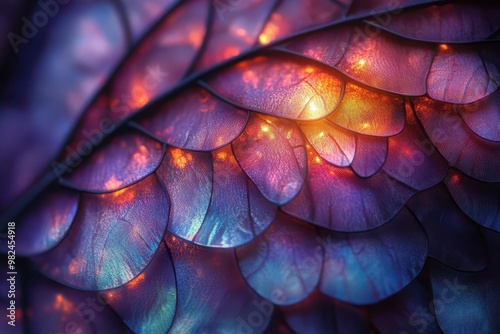 kaleidoscopic closeup of iridescent dragonfly wing fractallike patterns in vivid purples blues and greens intricate natural geometry revealed through microscopic lens ethereal abstract beauty photo