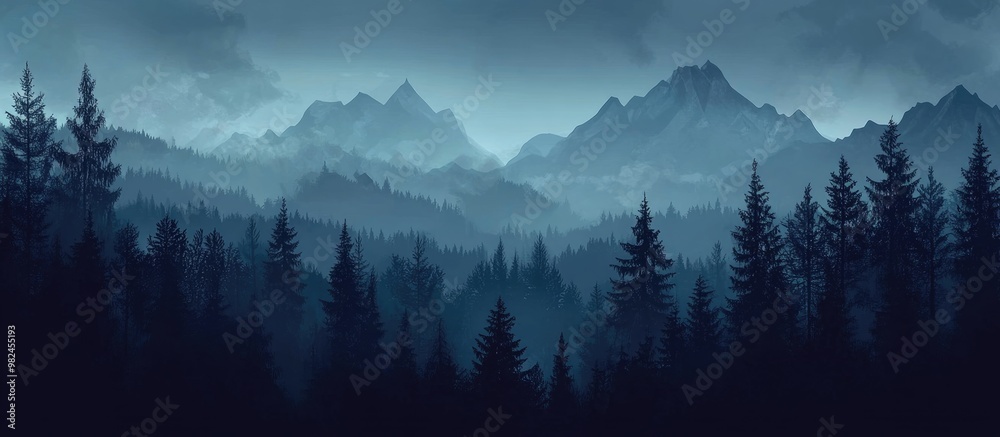 Mysterious mountainous landscape featuring a dark sky and forest silhouettes Panoramic backdrop for various design needs
