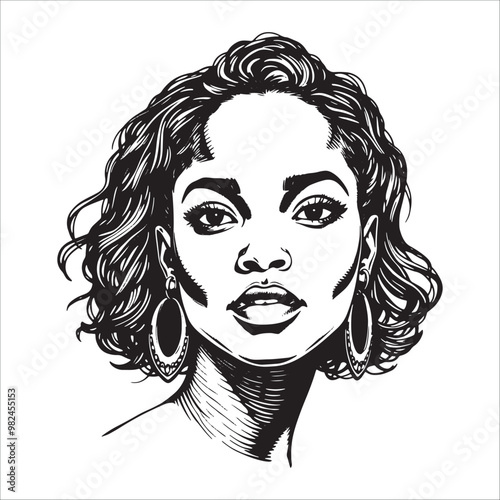 Portrait of beautiful African American woman. Black and white vector illustration.
