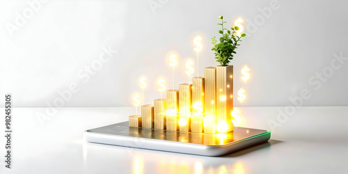 3D Glowing Abstract Business Art with Financial Icons - Modern Digital Design for Business Analytics and Retail Finance on Isolated White Background