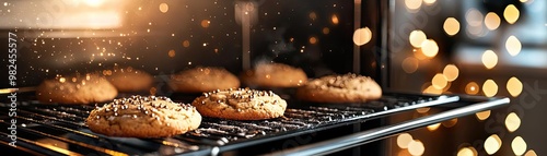 Freshly baked cookies cooling in an oven, surrounded by warm bokeh lights, creating a cozy and inviting atmosphere. photo