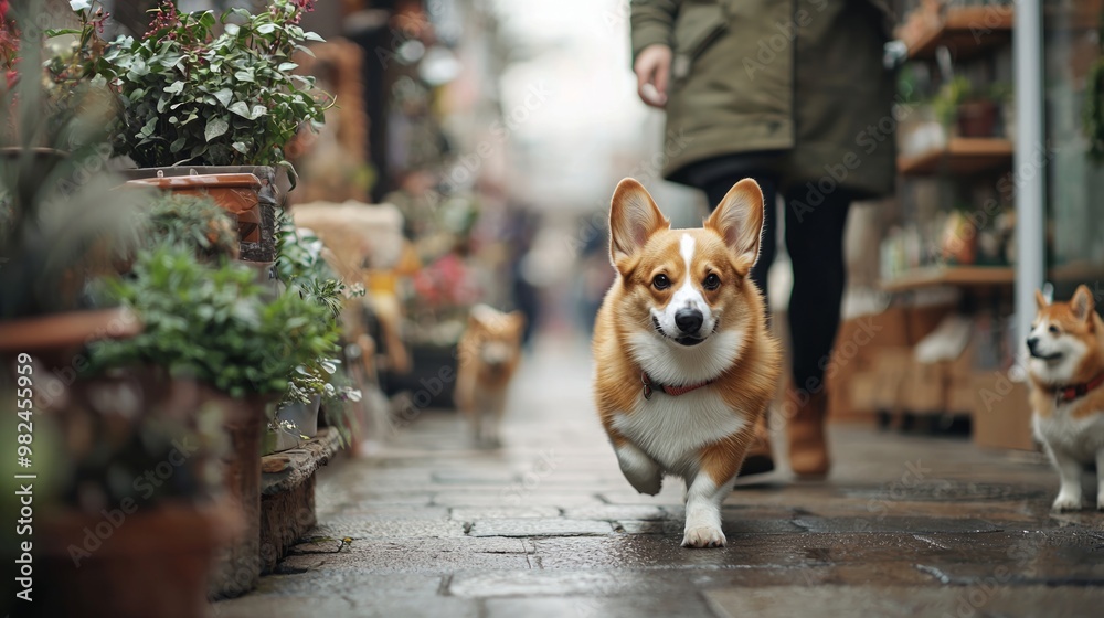 Corgi dog running happily through a garden market Corgi dog running happily through a garden market