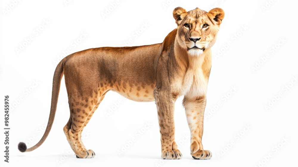 Obraz premium Regal lioness standing alert, eyes fixed forward, tawny fur smooth and sleek on a seamless white background