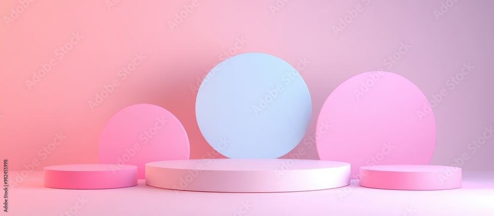 3D rendered podium with geometric shapes and platforms for product showcasing mockup with an abstract pastel background 3D rendered podium with geometric shapes and platforms for product showcasing mockup with an abstract pastel background