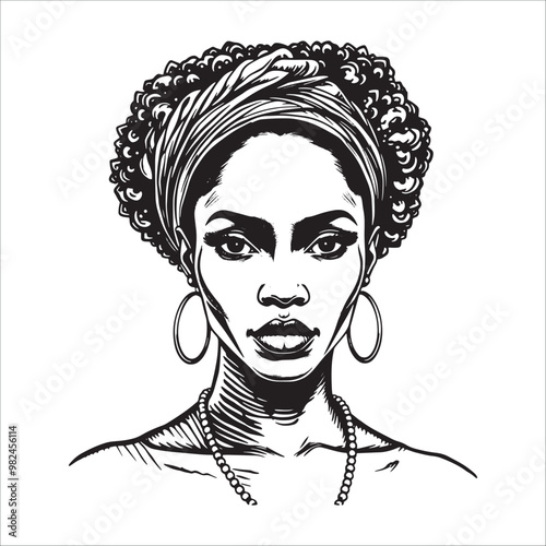 Portrait of beautiful African American woman. Black and white vector illustration.