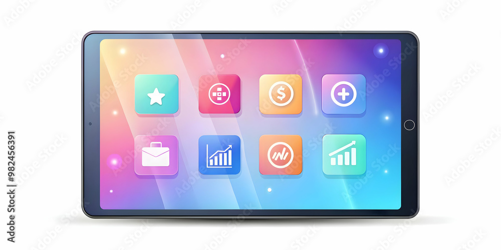 Flat Holographic Tablet on Glossy White Surface with Floating Demand & Promotion Icons - Modern Tech Design with Ample Copy Space for Promotional Content Flat Holographic Tablet on Glossy White Surface with Floating Demand & Promotion Icons - Modern Tech Design with Ample Copy Space for Promotional Content