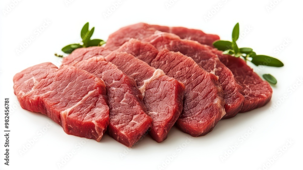 Sliced beef fillet, fresh and red, arranged neatly on a white background. Sliced beef fillet, fresh and red, arranged neatly on a white background.