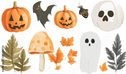 Halloween Watercolor Illustrations Set, Spooky and Festive Designs for Creative Projects