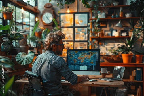 A man working on a computer surrounded by plants in a cozy indoor garden during late afternoon light