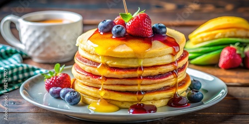 Fluffy, colorful pancakes teem with promise, topped with a river of butter and a hint of sweetness from photo