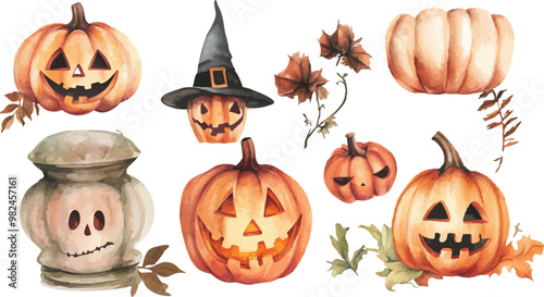 Halloween Watercolor Illustrations Set, Spooky and Festive Designs for Creative Projects