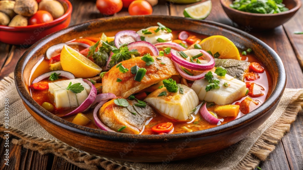 Fresh fish and seafood mingle with sautéed onions and diced potatoes in a vibrant, spicy sauce simmered to Fresh fish and seafood mingle with sautéed onions and diced potatoes in a vibrant, spicy sauce simmered to