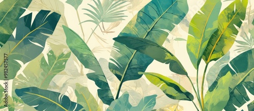 Charming background design featuring tropical palm and banana leaves suitable for use as wallpaper or decorative backdrop