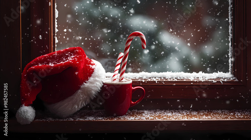 Santa hat and hot cocoa with candy cane resting on a window sill with snow falling outside. Hat placed at the bottom left golden ratio point. Dark red background, leaving space for text in the top.