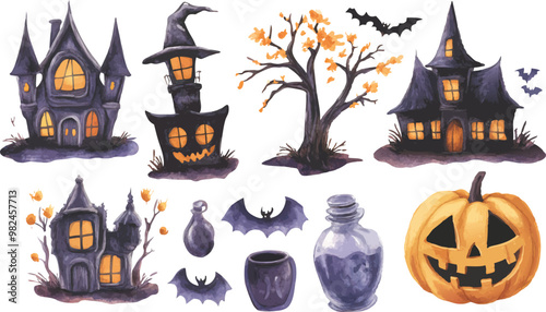 Halloween Watercolor Illustrations Set, Spooky and Festive Designs for Creative Projects