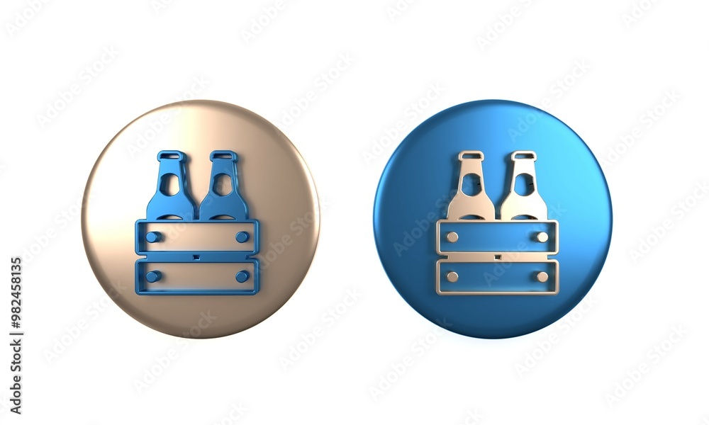 Colorful Pack of beer bottles icon isolated on white background. Wooden box and beer bottles. Case crate beer box sign. Circle button. 3D render illustration Colorful Pack of beer bottles icon isolated on white background. Wooden box and beer bottles. Case crate beer box sign. Circle button. 3D render illustration