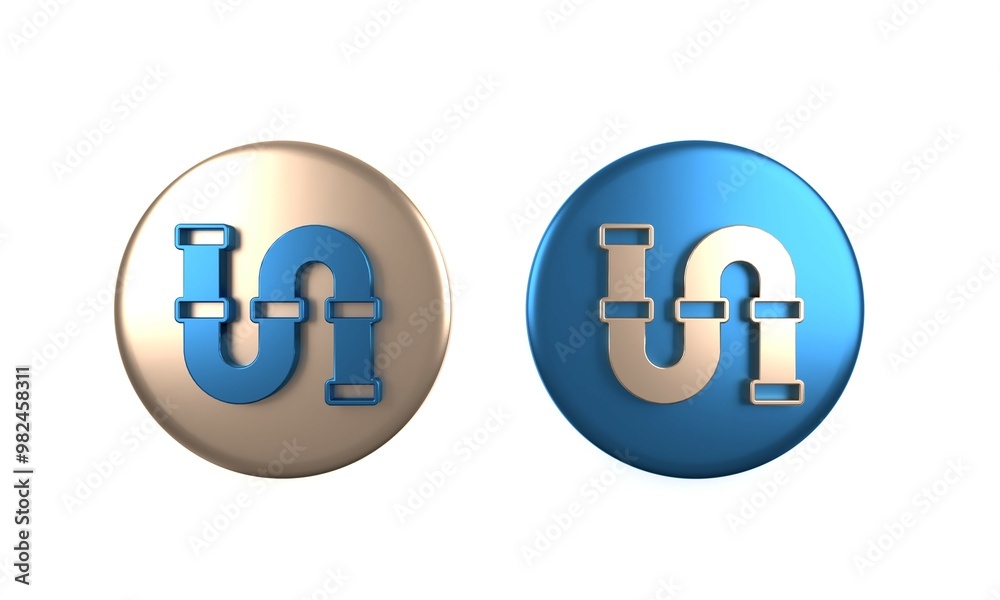 Colorful Industry metallic pipe icon isolated on white background. Plumbing pipeline parts of different shapes. Circle button. 3D render illustration