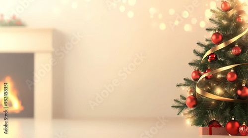 Ultra-realistic Christmas tree with red ornaments, golden ribbon in the right side golden ratio point, warm glowing fireplace on the left. Soft beige background with ample space for text.