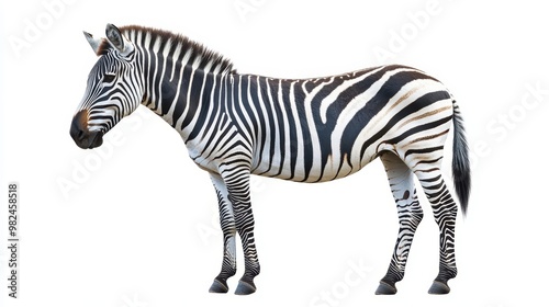 Striking zebra standing in profile, black and white stripes vivid against a white background
