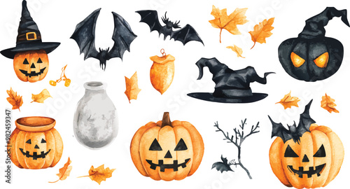 Halloween Watercolor Illustrations Set, Spooky and Festive Designs for Creative Projects