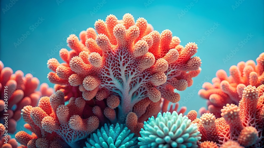 Fototapeta premium Gently undulating coral formations in a soft coral hue dance across a calm light blue surface, their intricate