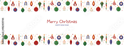 Christmas holiday background. Christmas frame with ornaments, spruce, xmas balls, gold stars for holiday season. Christmas decoration. Vector illustration for holiday headers, banners, party posters.