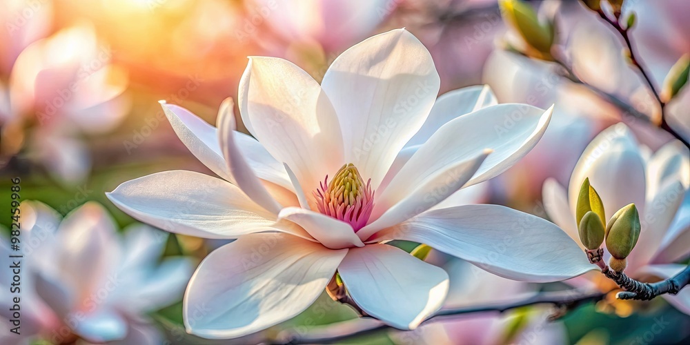 Gently unfurled, the white lily magnolia's blossoms showcase delicate petals with soft pink undertones, like tender skin kissed by sunrise. Gently unfurled, the white lily magnolia's blossoms showcase delicate petals with soft pink undertones, like tender skin kissed by sunrise.