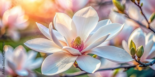 Gently unfurled, the white lily magnolia's blossoms showcase delicate petals with soft pink undertones, like tender skin kissed by sunrise.