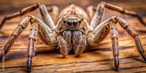 Giant huntsman spider perches on worn wooden planks, its eight legs splayed wide, eyes gleaming like tiny jewels in the dim light. photo