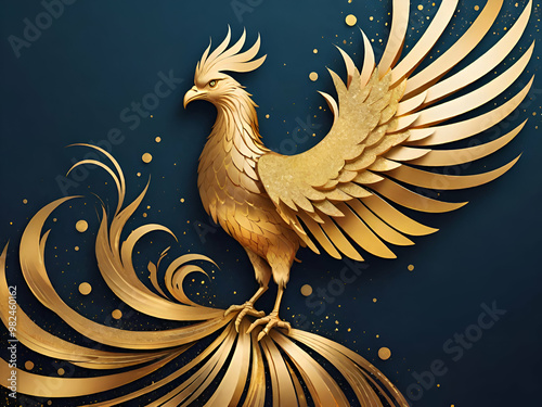 A graceful golden phoenix, a bird of immortal life. symbol of rebirth