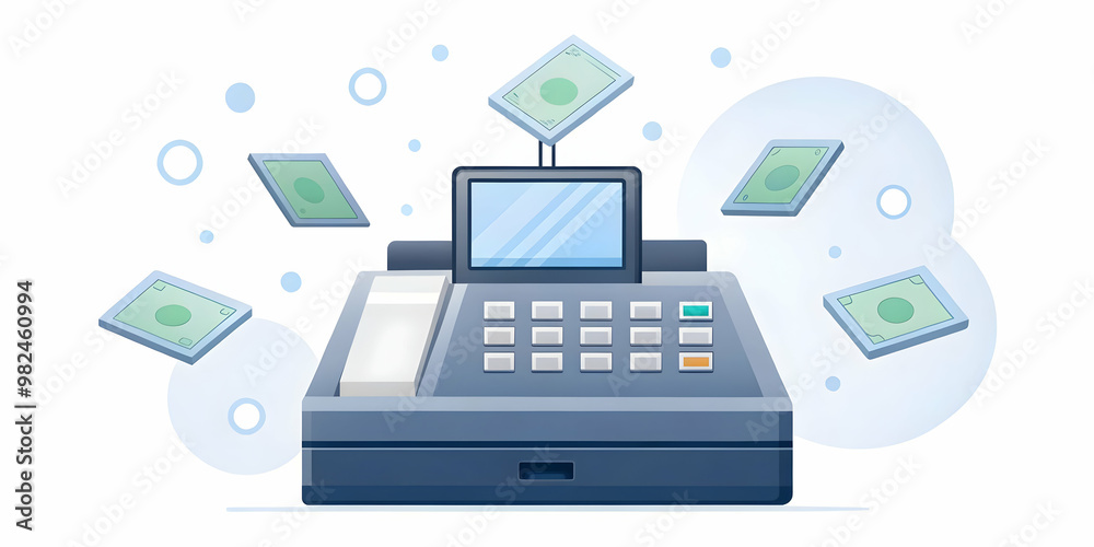 Flat Levitating Cash Register with Payment Icons: Isolated Vector Illustration for Retail and E-Commerce Payment Processing and Secure Transactions Flat Levitating Cash Register with Payment Icons: Isolated Vector Illustration for Retail and E-Commerce Payment Processing and Secure Transactions