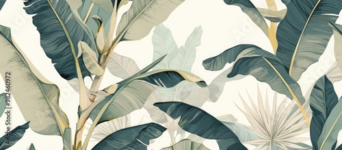 Soft colored tropical leaf wallpaper design featuring banana trees mural art suitable for interior decoration