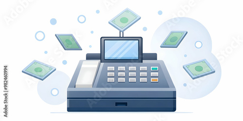 Flat Levitating Cash Register with Payment Icons: Isolated Vector Illustration for Retail and E-Commerce Payment Processing and Secure Transactions