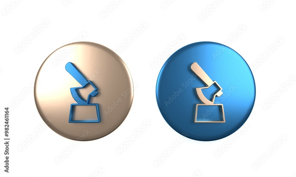 Colorful Wooden axe in stump icon isolated on white background. Lumberjack axe. Axe stuck in wood. Chopping wood. Circle button. 3D render illustration Colorful Wooden axe in stump icon isolated on white background. Lumberjack axe. Axe stuck in wood. Chopping wood. Circle button. 3D render illustration