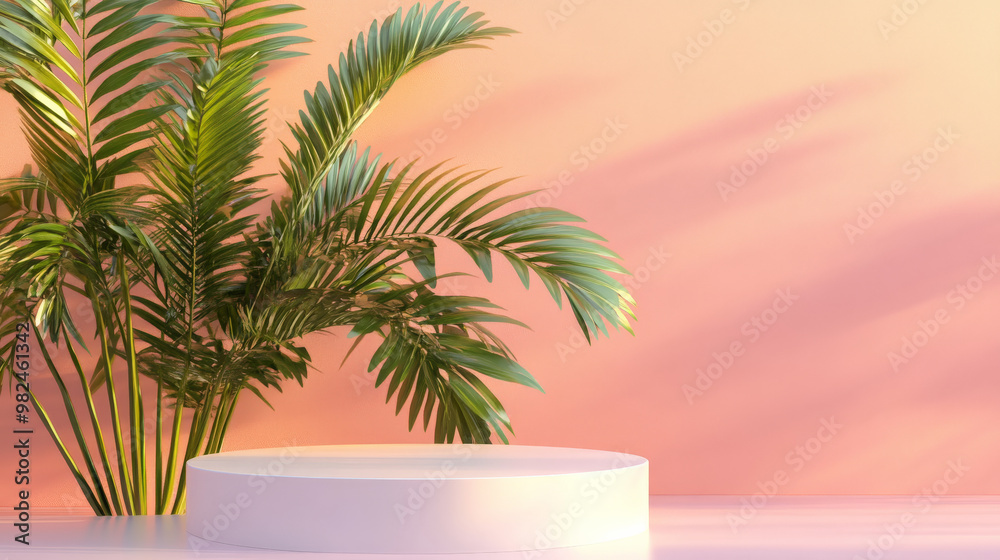A sleek white podium with vibrant palm leaves, set in front of a soft sunset-colored wall, blending tropical beauty with elegance. A sleek white podium with vibrant palm leaves, set in front of a soft sunset-colored wall, blending tropical beauty with elegance.