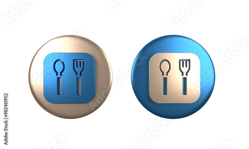 Colorful Fork and spoon icon isolated on white background. Cooking utensil. Cutlery sign. Circle button. 3D render illustration