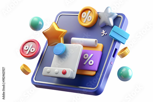 Wallpaper Mural 3D Glossy Tablet with Holographic Coupon & Business Icons - Modern Digital Marketing Concept on Isolated White Background for Promotional Branding Torontodigital.ca