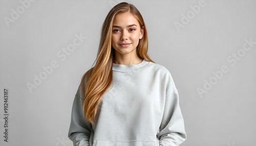 Portrait of a young woman wearing a crewneck blue mockup sweatshirt with fall colors and themed background for autumn season female fashion
