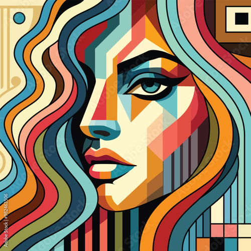 Abstract female portrait in the style of Cubism with bright colored geometric shapes.