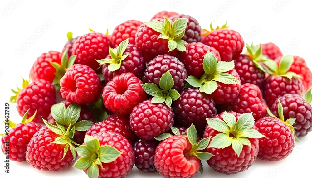 Raspberry raspberries, many angles and view side top front group pile heap isolated on transparent background cutout